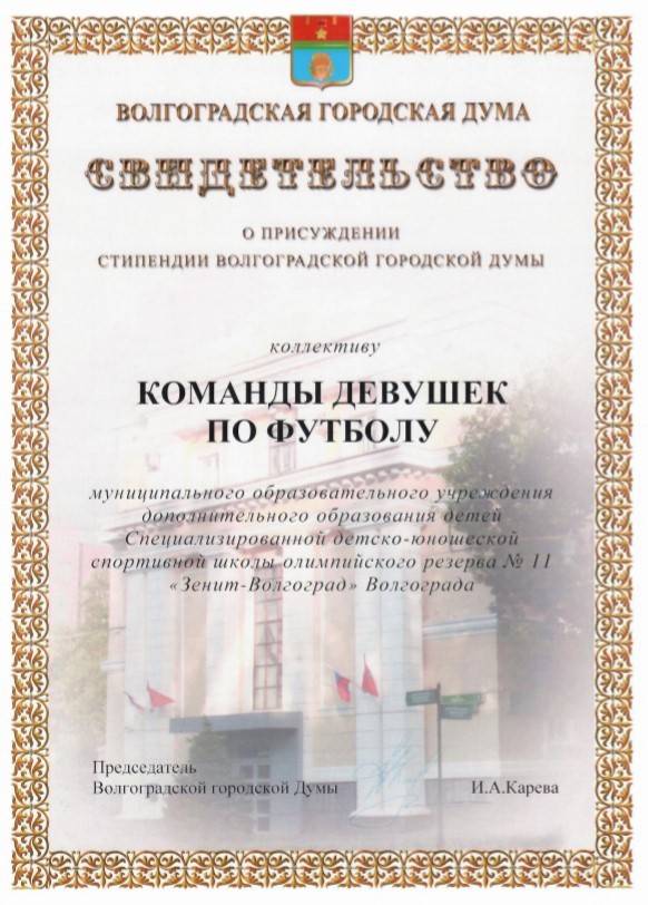Свидетельство о присуждении стипендии Волгоградской городской думы